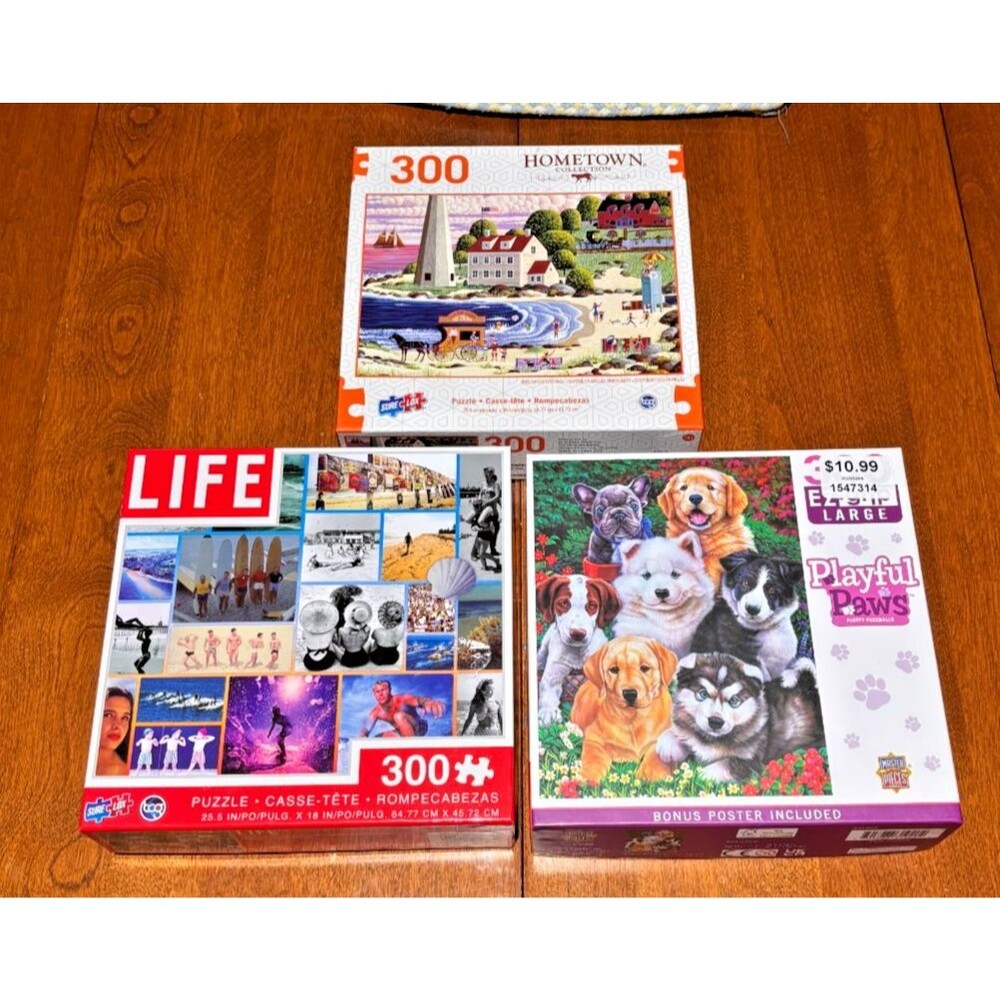 Lot of 3- 300 Piece Puzzles Life Photots Dogs Antique Town Complete